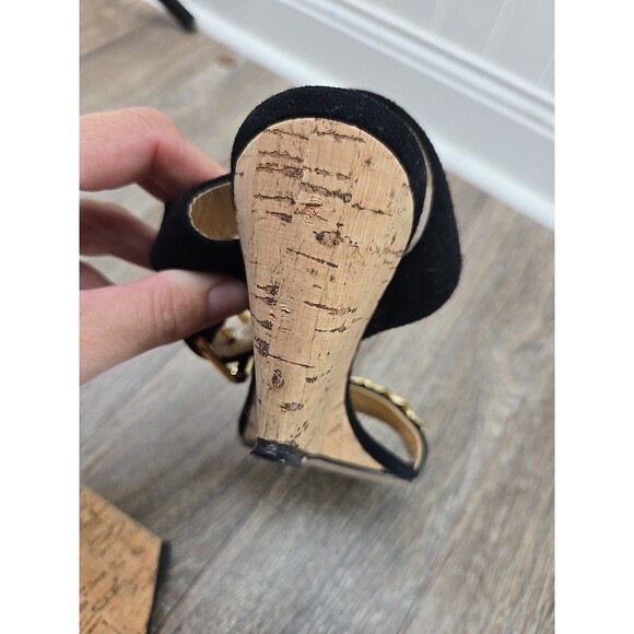 Giuseppe Zanotti Design Women's 36.5 (US 6) Black Suede Cork Wedges Gold Chain - Picture 16 of 16